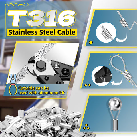 T316 stainless steel cable kit showing wire cutter, aluminum sleeve, and cable loop for Heavy Duty Stainless Steel Wire Rope Kit 400 Ft Long 1/32 Inch Cable With 100 Aluminum Sleeve Stops For String Lights Hanging Clotheslines Trellis Wire Built To Last.