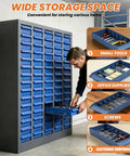 Beefy 75 Drawer Bolt And Nut Organizer With ABS Drawers And Alloy Steel Frame, Laser Welded Heavy Duty Cabinet For Tools And Fasteners, Durable Small Hardware Storage Case, 3.9 Inch Depth, 7.8 Inch Width; blue cabinet open