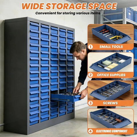 Beefy 75 Drawer Bolt And Nut Organizer With ABS Drawers And Alloy Steel Frame, Laser Welded Heavy Duty Cabinet For Tools And Fasteners, Durable Small Hardware Storage Case, 3.9 Inch Depth, 7.8 Inch Width; blue cabinet open