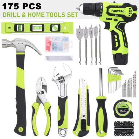 12V Cordless Drill Set With 175 Piece Home DIY Tool Kit And 12 Inch Storage Bag, Lightweight Battery Powered Drill Driver For Quick, Easy Home Repairs And Maintenance