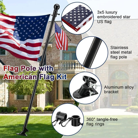 All In One Outdoor Flag Kit With 5ft Heavy Duty Flag Pole Holder 3x5 Embroidered American Flag Stainless Steel Pole Wall Mount Bracket