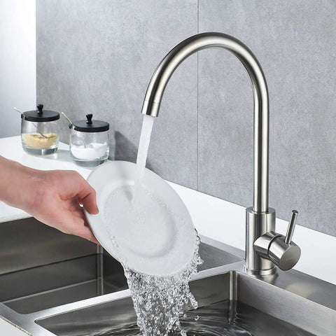 High Arc Commercial Kitchen Faucet Made Of Stainless Steel Brushed Nickel With Single Handle And 360 Degree Swivel For One Hole Bar Sink Modern Pro Grade Durable Design For Busy Kitchens shown in use