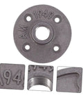 Close-up of 4 Pack Malleable Cast Iron Floor Flange Pipe Fittings for DIY Industrial Shelving and Vintage Furniture Decor