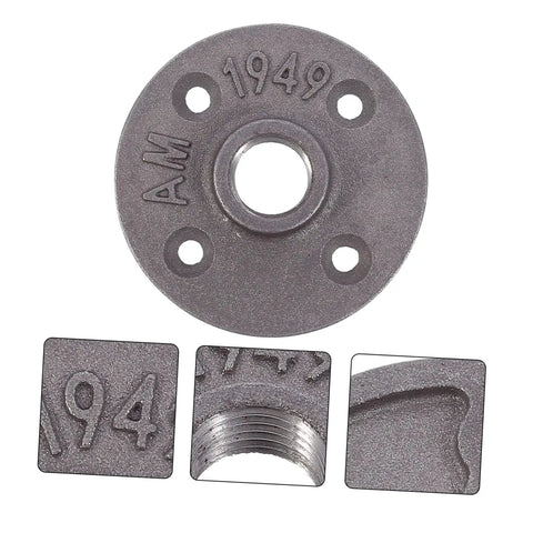Close-up of 4 Pack Malleable Cast Iron Floor Flange Pipe Fittings for DIY Industrial Shelving and Vintage Furniture Decor