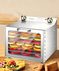 Straight Up Seriously Even Drying Stainless Steel Food Dehydrator With 8 Roomy Trays, stacked with colorful fruit slices on trays.