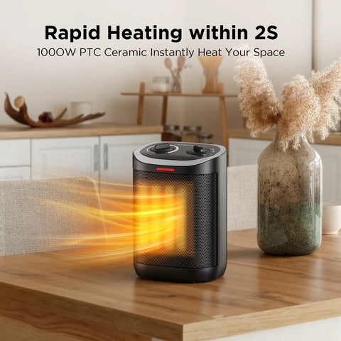 1500W Ceramic Space Heater For Desk And Office, portable heater on wooden table in cozy room