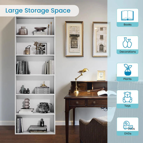 Tall 71 Inch White Bookshelf With Six Open Shelves Floor Standing Bookcase for Living Room with Decor Items