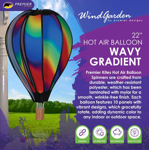 Cool 22 Inch Hot Air Balloon Wind Spinner For Outdoors with vibrant gradient colors and weather resistant design in a garden setting