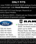 Ford and Dodge RAM fitment guide for 50 Cal Bullet Antenna, showing compatible models and compatibility notes