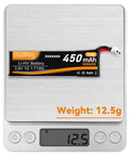 Six Pack 1S FPV Battery 3.8V 450mAh 150C BT2.0 Connector on digital scale showing weight 12.5g