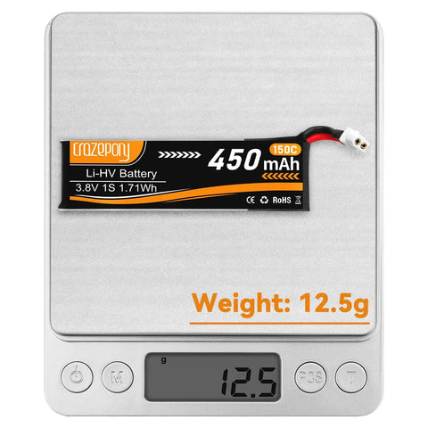 Six Pack 1S FPV Battery 3.8V 450mAh 150C BT2.0 Connector on digital scale showing weight 12.5g