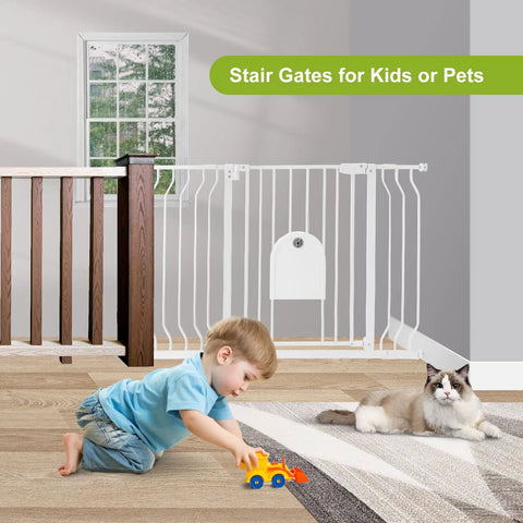 Child playing near Auto Close Baby Gate With Cat Door, Adjustable 29.5 To 48.4 Inch Walk Through Safety Gate for doorways and stairs