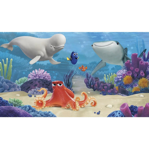 Finding Dory Disney Pixar Peel And Stick Wall Mural For Kids Room Transformation With Ocean Life Adventure Easy Spray And Stick Installation 10.5 Feet By 6 Feet Reusable Removable Wall Decor featuring Dory, Marlin, and friends underwater.