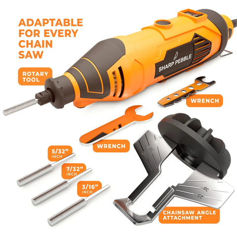 Electric Chainsaw Sharpener Kit With Angle Guide And 4 File Size Wheel Bits For Fast Easy No Sweat Chain Maintenance Includes 120V Tool Wrench And Free Ebook For Any Chainsaw showing the sharpener, wrench, angle guide, and bits.