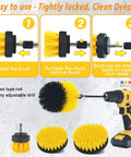 Heavy Duty Drill Brush Attachment Set With Four Shapes And Dual Bristles shown with installation steps and yellow-black bristles