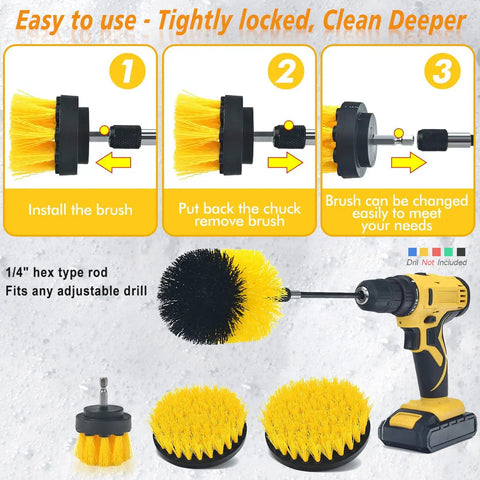 Heavy Duty Drill Brush Attachment Set With Four Shapes And Dual Bristles shown with installation steps and yellow-black bristles