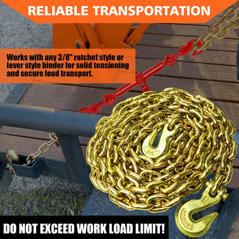 G80 Transport Binder Chain 3/8 Inch By 20 Foot With Clevis Grab Hooks, 7,100 Lbs Safe Working Load, Heavy Duty Logging Tow Tie Down Chain For Truck Trailer And Vehicle Transport Anywhere