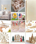 18-pack basswood sheets for crafts, unfinished 5 x 7 x 1/16 in (1.5 mm); collage of wooden DIY models and decor.