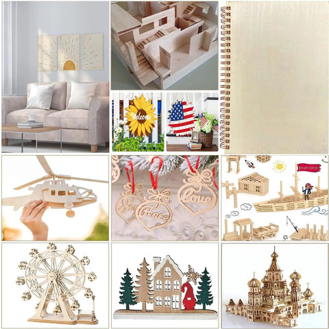 15 Pack 12x18x1/16 Basswood Sheets For Crafts, various DIY projects, including architectural models and decorations displayed.