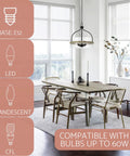 Modern Farmhouse 3 Light Pendant Chandelier With Glass Drum Shade above dining table, showcasing bulb compatibility.