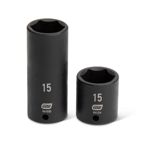 Close-up of deep and standard sized 15mm sockets from 48 Piece Quarter Inch Drive 6 Point Impact Socket Set Standard And Deep SAE And Metric With Off Corner Loading To Prevent Fastener Rounding Manganese Phosphate Finish For Corrosion Resistance Built For Auto Shop And Garage Jobs