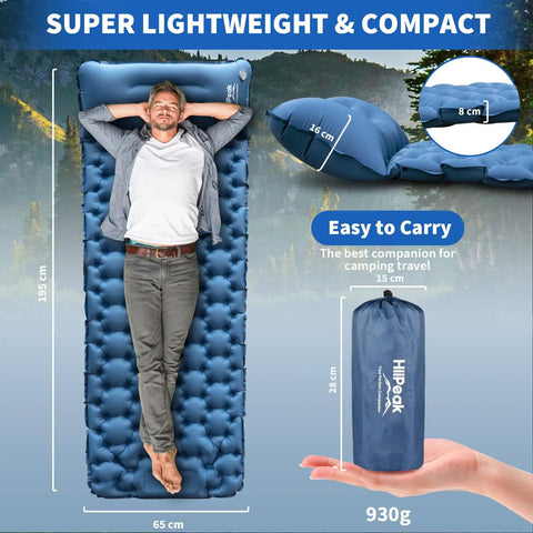 Man lying on Ultralight Inflatable Sleeping Pad With Built In Foot Pump And Pillow For Camping, beside packed pad.