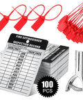 Heavy Duty Aluminum Fire Extinguisher Tags Bulk Pack Featuring Monthly 2026 To 2029 Dates, plastic seals, and metal hole punch.
