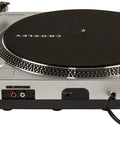 Crosley C100A Silver Belt Drive Turntable with aluminum tonearm and glossy finish, designed for home audio setup.