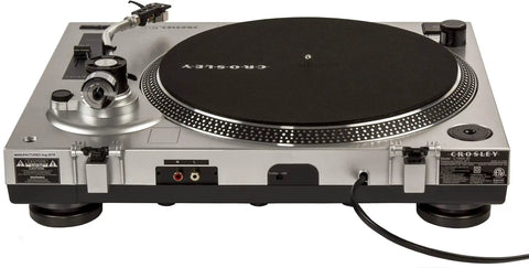 Crosley C100A Silver Belt Drive Turntable with aluminum tonearm and glossy finish, designed for home audio setup.