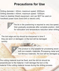 uxcell Forstner drill bit 53mm tungsten carbide gray, woodworking hole cutter; precautions infographic showing steps 1–5