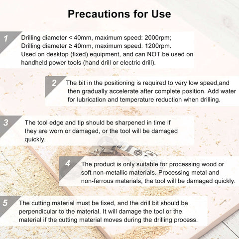 uxcell Forstner drill bits set, 90mm tungsten carbide, blue and gray, shown on wood with precaution instructions.