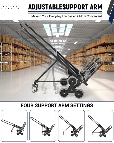 Heavy Duty Stair Climbing Hand Truck With Adjustable Support Arm Dual Rated Load Up To 550 Lbs On Flat And 330 Lbs On Stairs Steel Frame Dolly For Easy Hauling, warehouse side view