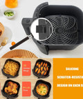 Open Chefman TurboTouch 8 Qt air fryer with grill pan and food examples; fries, chicken wings, whole chicken, pizza, silicone design.