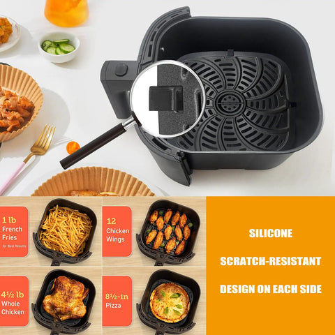 Open Chefman TurboTouch 8 Qt air fryer with grill pan and food examples; fries, chicken wings, whole chicken, pizza, silicone design.