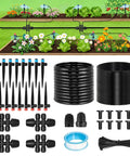 Components of 106Ft Drip Irrigation Kit With Quick Connect Tubing, Adjustable Emitters And Sprinklers for lawn and garden beds