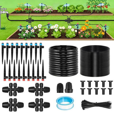 Components of 106Ft Drip Irrigation Kit With Quick Connect Tubing, Adjustable Emitters And Sprinklers for lawn and garden beds