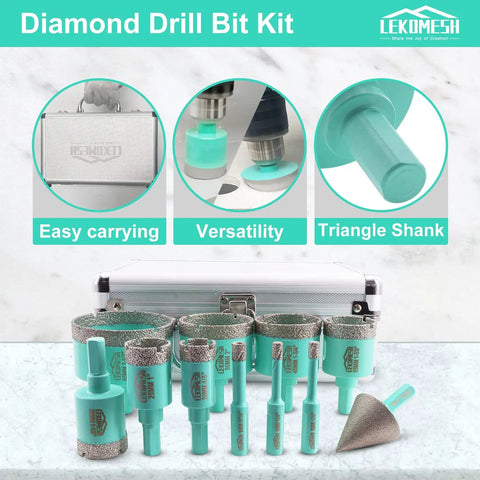 Diamond Core Drill Bit Set 11 Piece Tile Hole Saw Kit With Triangle Shank For Porcelain Granite Marble Stone Pro Grade Dry And Wet Drilling Includes 6 6 8 20 25 28 35 45 50 65mm Bits And 35mm Chamfer Bit displayed with case