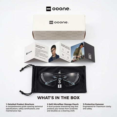 Ultra Lightweight Anti Fog Safety Glasses With Clear Shields Ansi Z87 Plus Certified in storage pouch and product brochure.