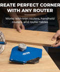 Top Shelf Corner Routing Guide System For Handheld Trim Routers And Workbench Tables pulling off clean radius lines on wood.