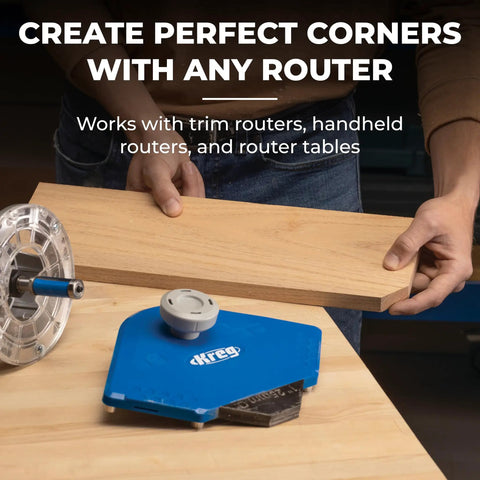 Top Shelf Corner Routing Guide System For Handheld Trim Routers And Workbench Tables pulling off clean radius lines on wood.