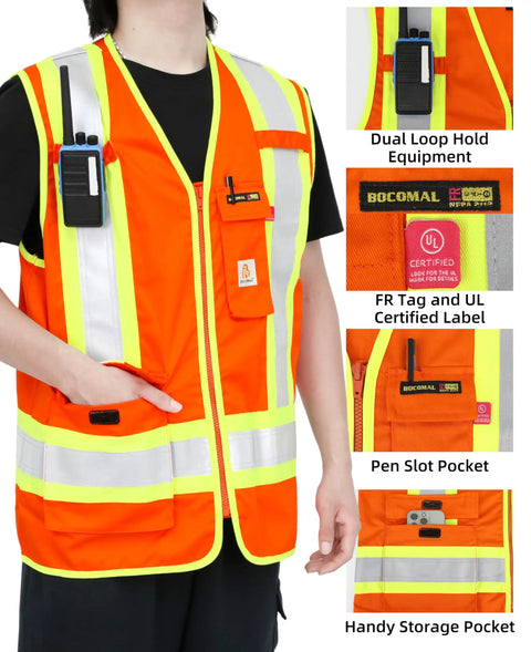 High Vis FR Safety Vest Zip Front Flame Resistant Workwear ANSI Class 1 Reflective Tape NFPA 70E Cotton Twill with equipment pockets.