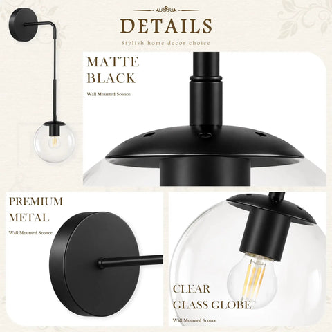 KoKo&Yukina 2 Pack 6" Black Modern Wall Sconces for Bedroom Bulb Included with clear glass globe and matte black finish.