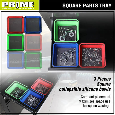 Collapsible Magnetic Parts Tray Set With 3 Foldable Silicone Bowls, 4.25 Inch Square Magnetic Base Keeps Small Parts And Tools Sorted On Your Workbench