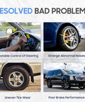 Diagram showing resolved issues with car safety: unstable steering, abnormal noises, uneven tire wear, poor brake performance.