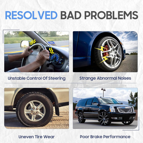 Automotive front suspension kit infographic showing common problems: unstable steering, abnormal noises, uneven tire wear, poor braking.