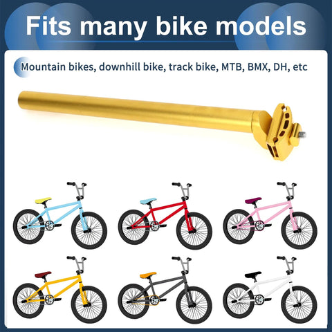 Universal 27.2x350mm Bike Seat Post In Gold Tone Aluminum Alloy against various bike models graphic
