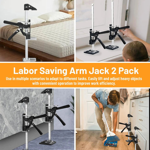 Two Pack Labor Saving Arm Jack, 15 Inch Furniture Lifter Tool shown lifting furniture and in various DIY scenarios