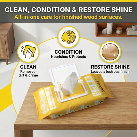 Let Go Of Dust And Grime With These Multi Purpose Wood Cleaning Wipes That Pack A Light Lemon Punch And Make Your Furniture Shine Without Any Extra Hustle on a wooden table.
