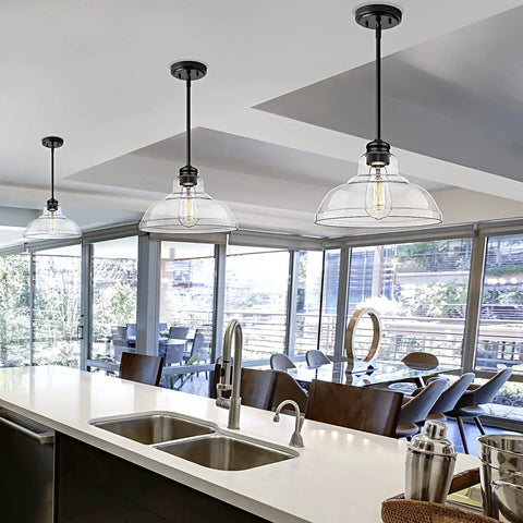 Industrial Kitchen Island Pendant Light With Clear Glass Shade, Black Metal Frame Ceiling Hanging Fixture Above Dining Table