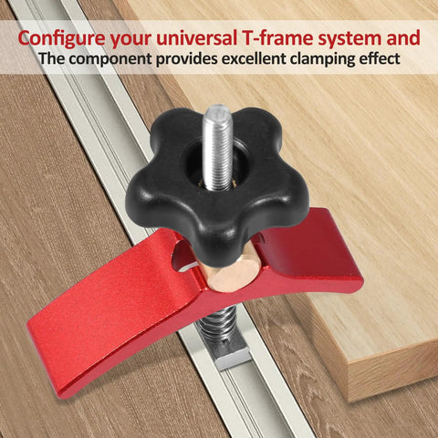 T Track Hold Down Clamps Kit 2.68 Inch Long Heavy Duty Aluminum Red securing workpiece on table